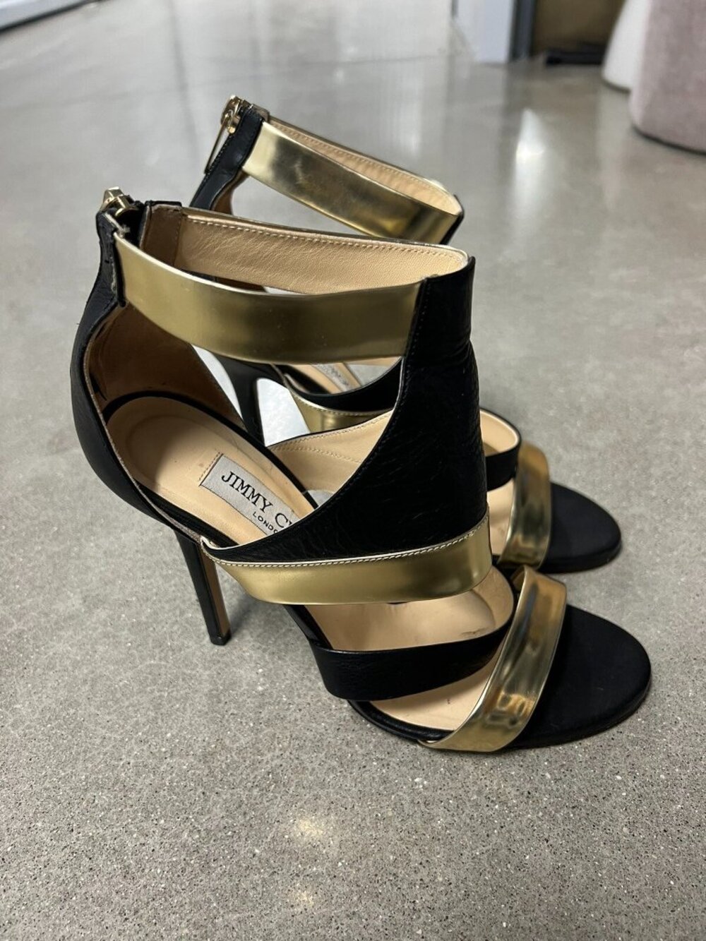 Jimmy Choo Besso Black & Gold Leather Ankle Sandal Shoes